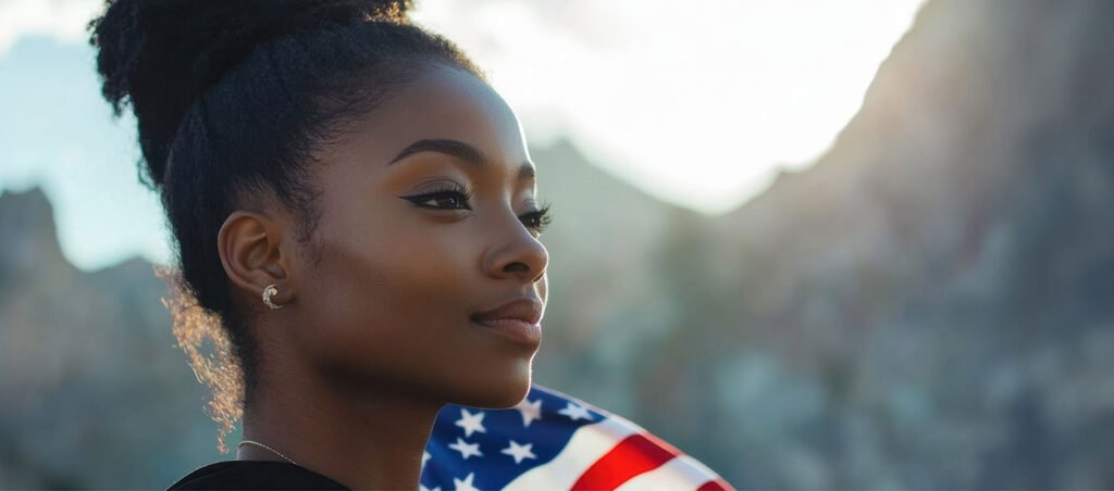 A teen female looking far away with the US flag on the back ground