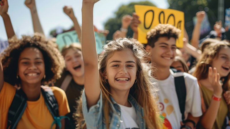 Teen protesting with smile
